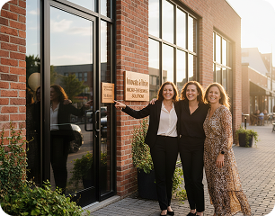 Three women outside a newly opened community enterprise
